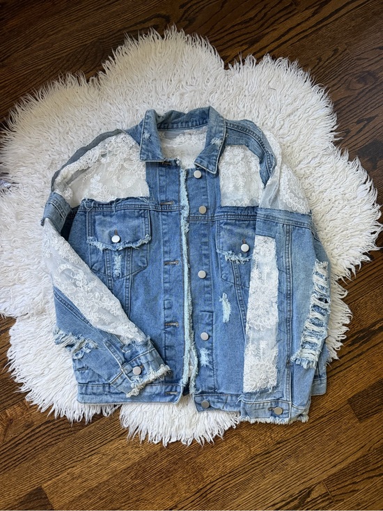 Jackets & Blazers - Lace Panel Distressed Light Wash Denim Jacket